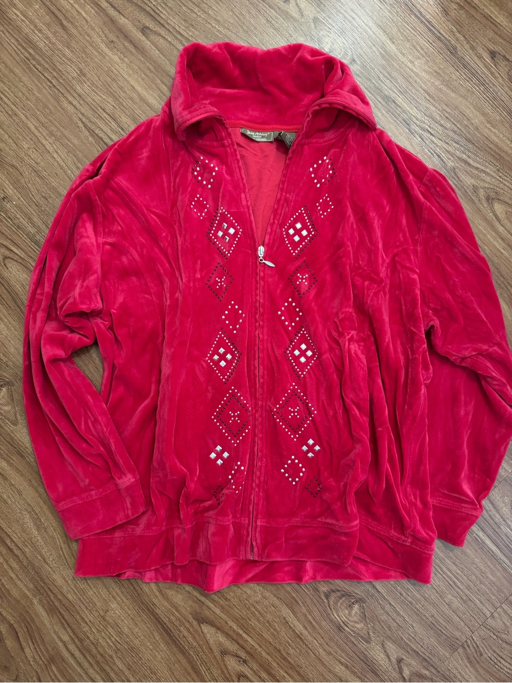 Jane Ashley Red Velvet Zip-Front Jacket with Embellished Diamond Pattern
